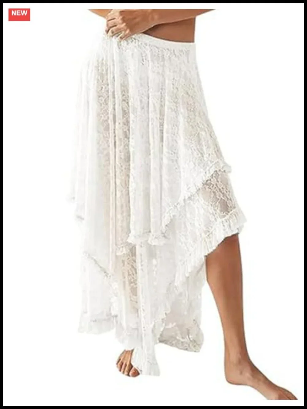 Women's Lace Maxi Skirt Asymmetrical Ruffle Sheer Flowy